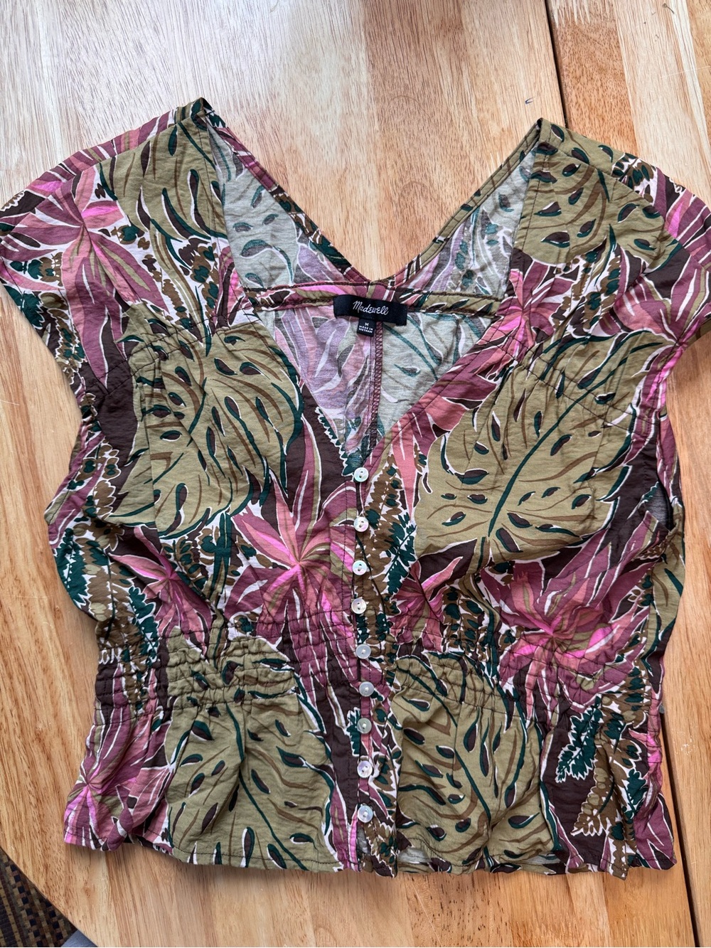 Madewell Pink and Olive Tropical Print Blouse - Picture 2 of 4